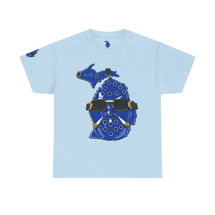 🔥PUCKFACE Michigan Crocs Map T-Shirt — Blue State Silhouette with Sunglasses & Croc Holes