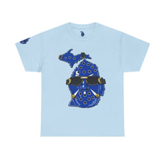 🔥PUCKFACE Michigan Crocs Map T-Shirt — Blue State Silhouette with Sunglasses & Croc Holes