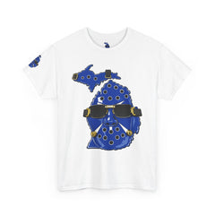 🔥PUCKFACE Michigan Crocs Map T-Shirt — Blue State Silhouette with Sunglasses & Croc Holes