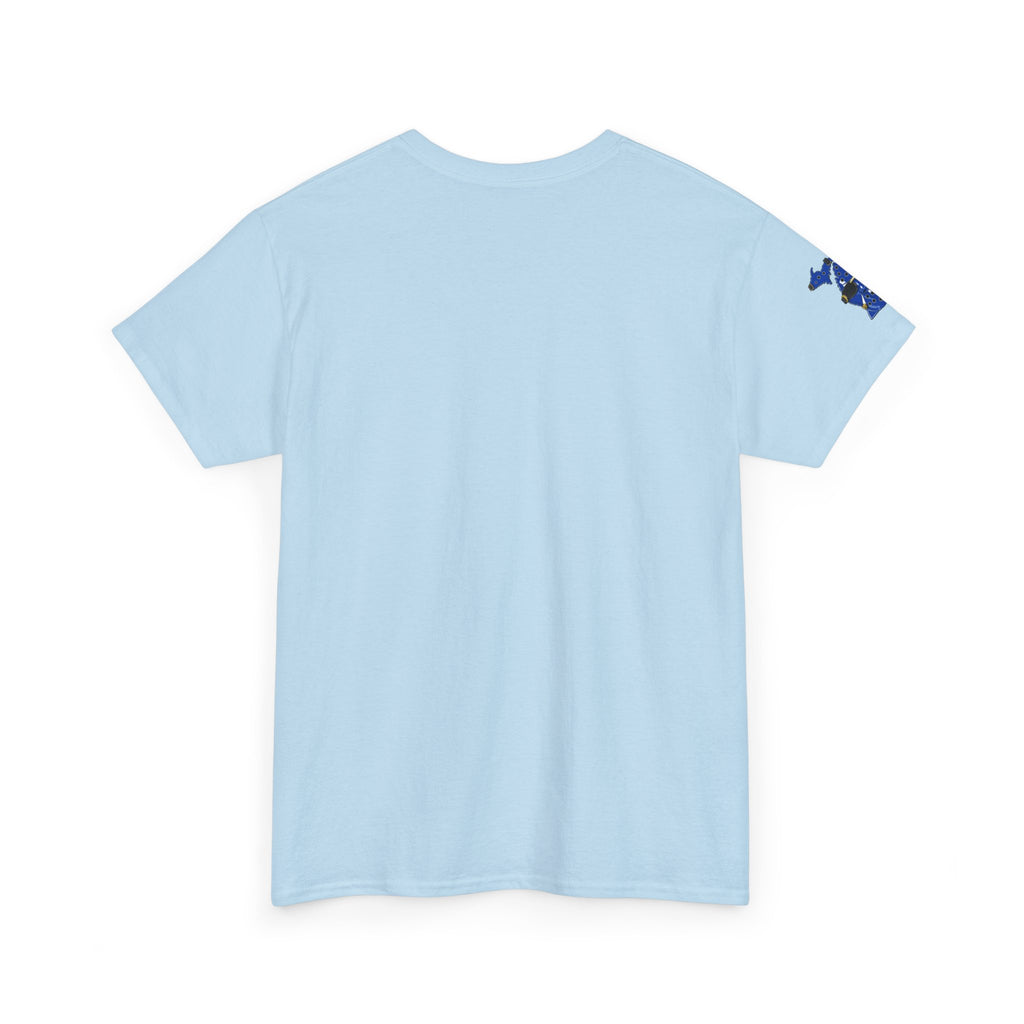 Michigan Crocs Map T-Shirt — Blue State Silhouette with Sunglasses & Croc Holes