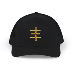 EMBOGA Embroidered Triple Bar Snapback Trucker Cap — Gold Stacked Symbol