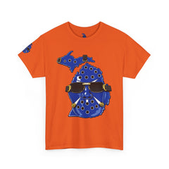🔥PUCKFACE Michigan Crocs Map T-Shirt — Blue State Silhouette with Sunglasses & Croc Holes