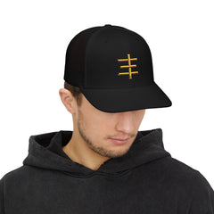 EMBOGA Embroidered Triple Bar Snapback Trucker Cap — Gold Stacked Symbol