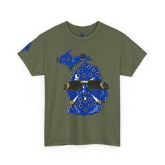 🔥PUCKFACE Michigan Crocs Map T-Shirt — Blue State Silhouette with Sunglasses & Croc Holes
