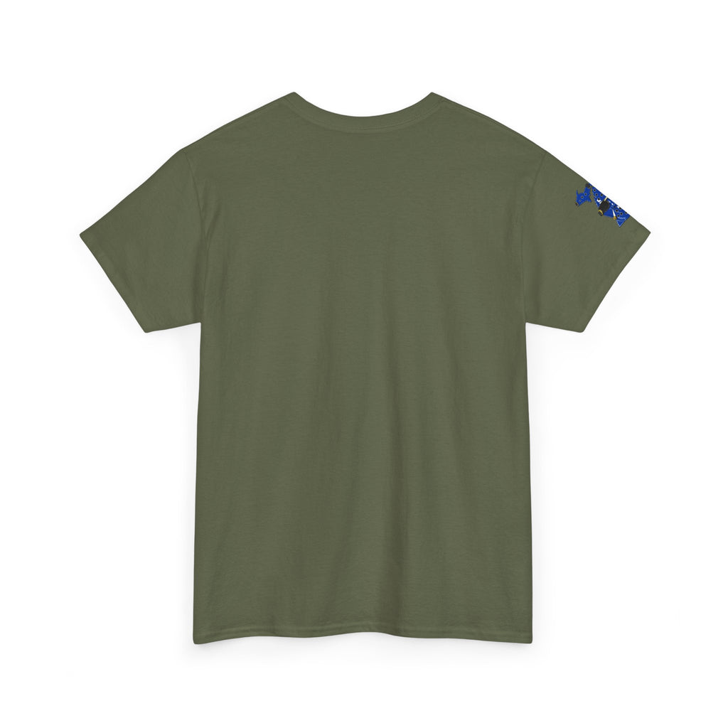 Michigan Crocs Map T-Shirt — Blue State Silhouette with Sunglasses & Croc Holes