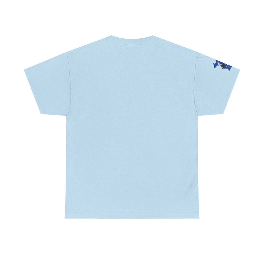 Michigan Crocs Map T-Shirt — Blue State Silhouette with Sunglasses & Croc Holes