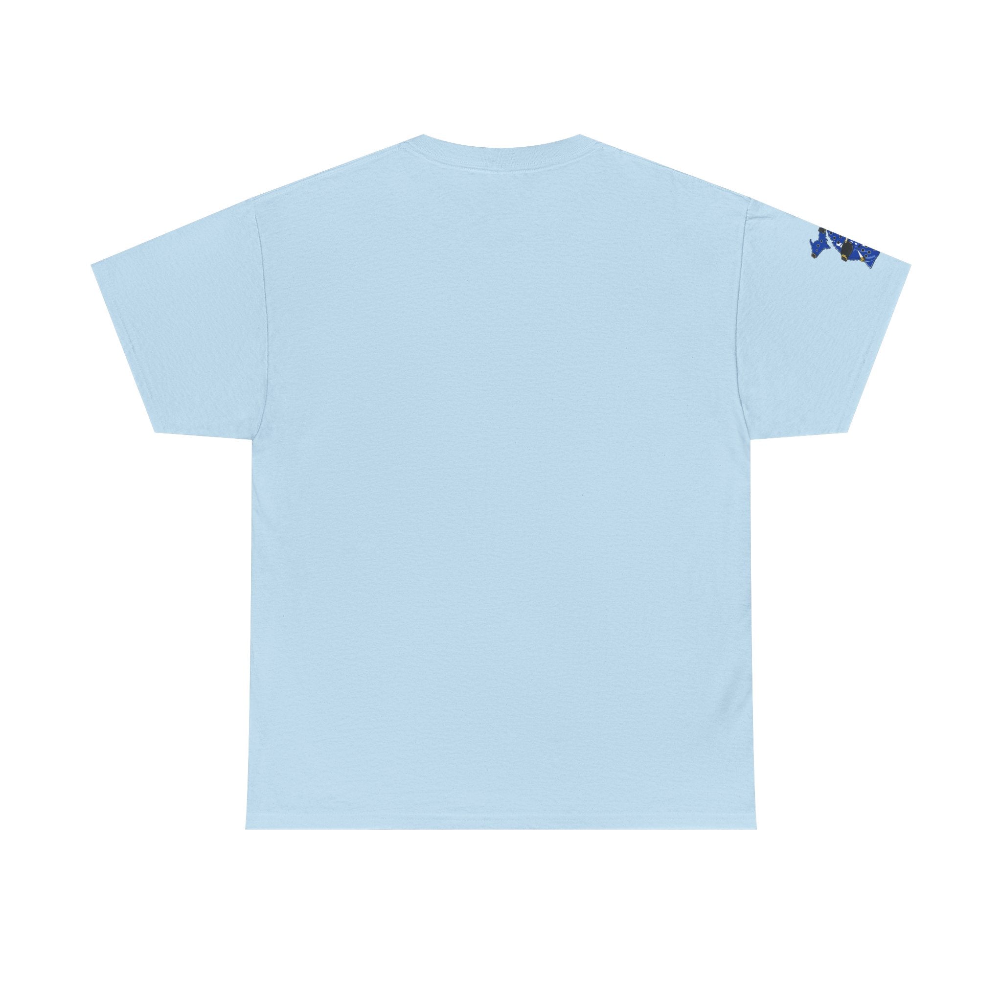 Michigan Crocs Map T-Shirt — Blue State Silhouette with Sunglasses & Croc Holes