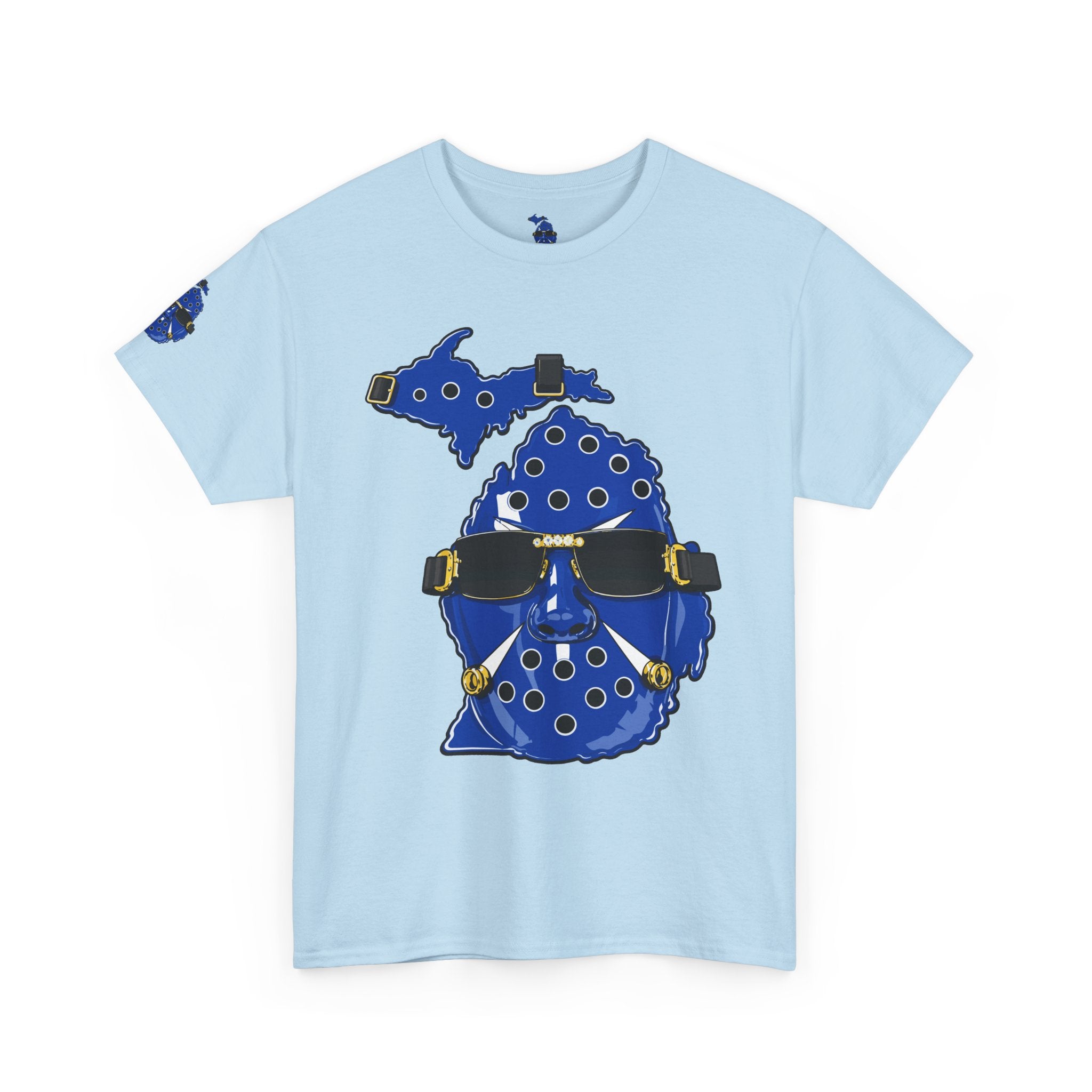 Michigan Crocs Map T-Shirt — Blue State Silhouette with Sunglasses & Croc Holes
