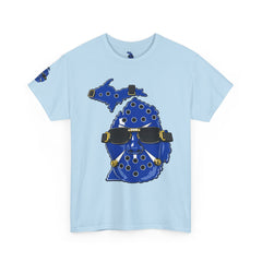 🔥PUCKFACE Michigan Crocs Map T-Shirt — Blue State Silhouette with Sunglasses & Croc Holes