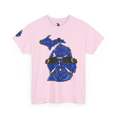 🔥PUCKFACE Michigan Crocs Map T-Shirt — Blue State Silhouette with Sunglasses & Croc Holes