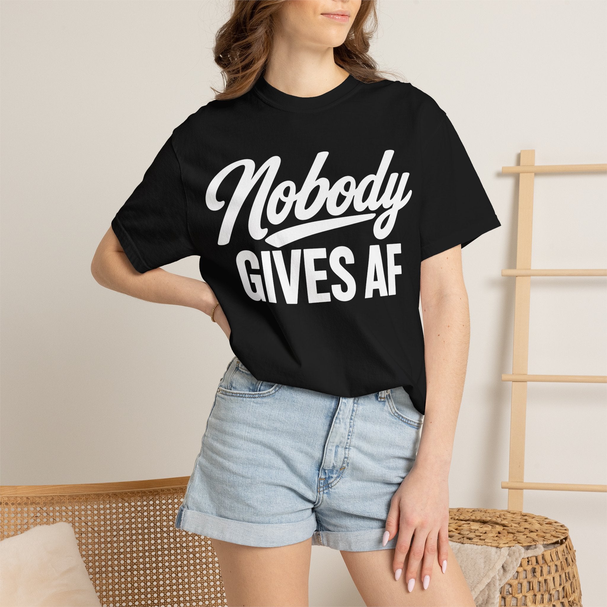 Nobody Gives AF T-Shirt — Funny Graphic Tee with Cursive Script.