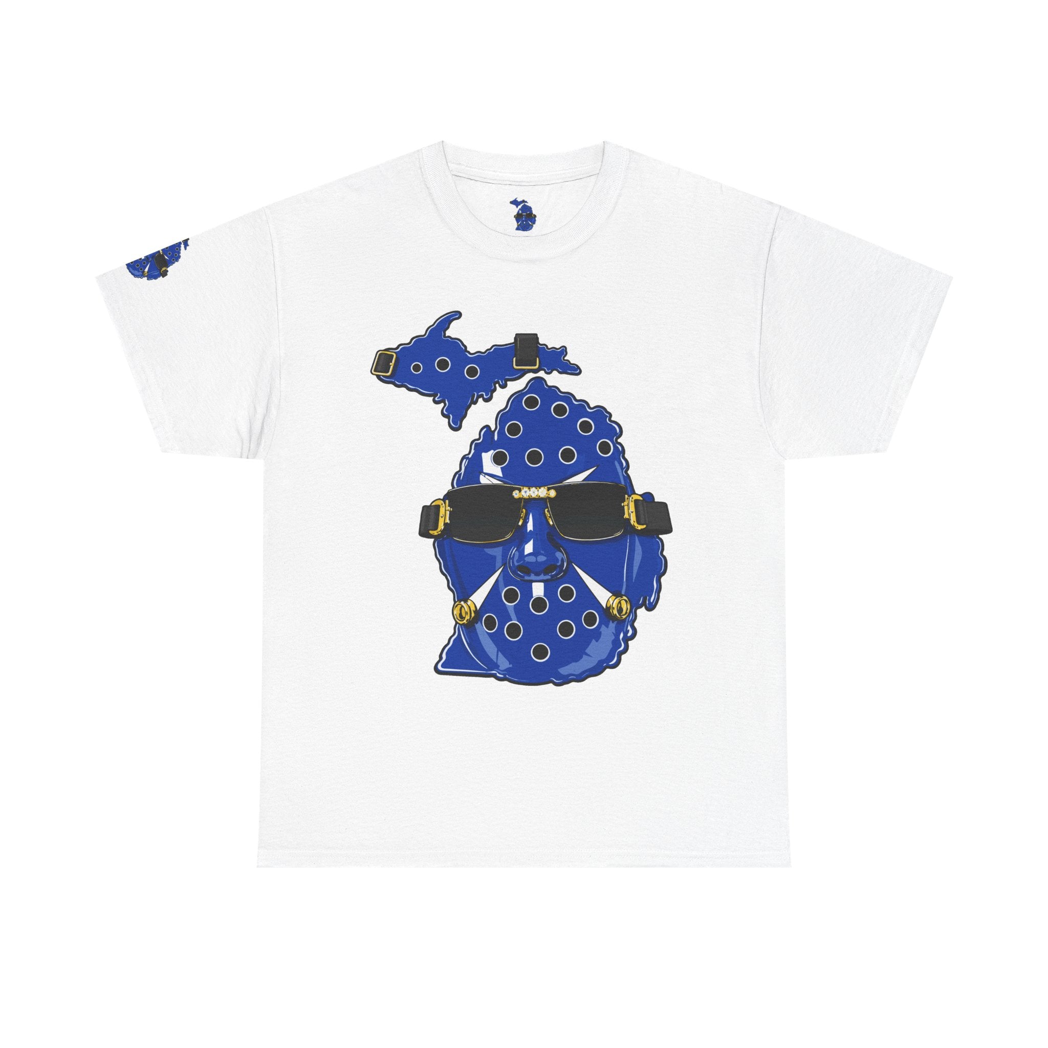 🔥PUCKFACE Michigan Crocs Map T-Shirt — Blue State Silhouette with Sunglasses & Croc Holes